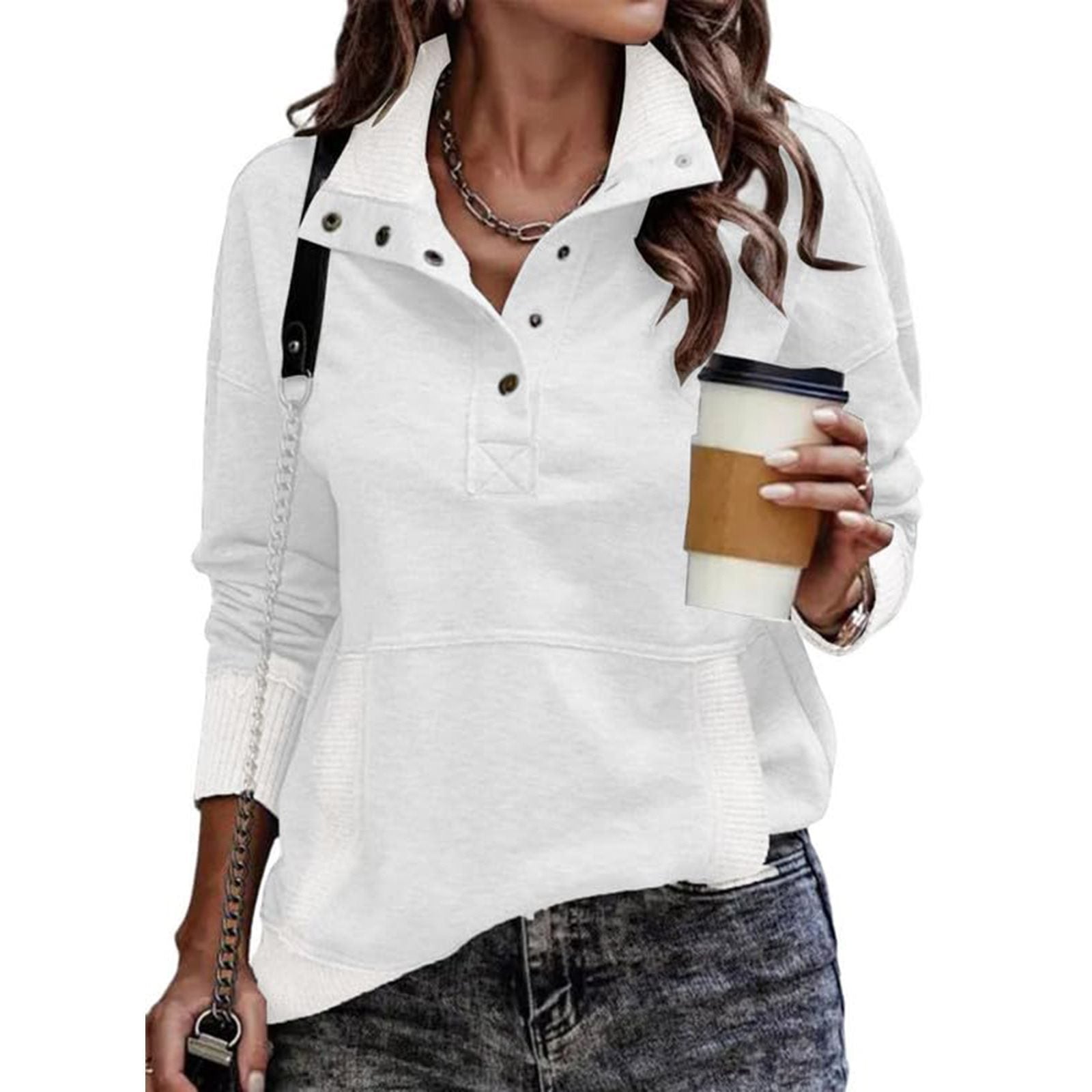 Autumn/Winter Solid Color Pocket Design Long Sleeve Button Fashion Street Style Women's Sweatshirt