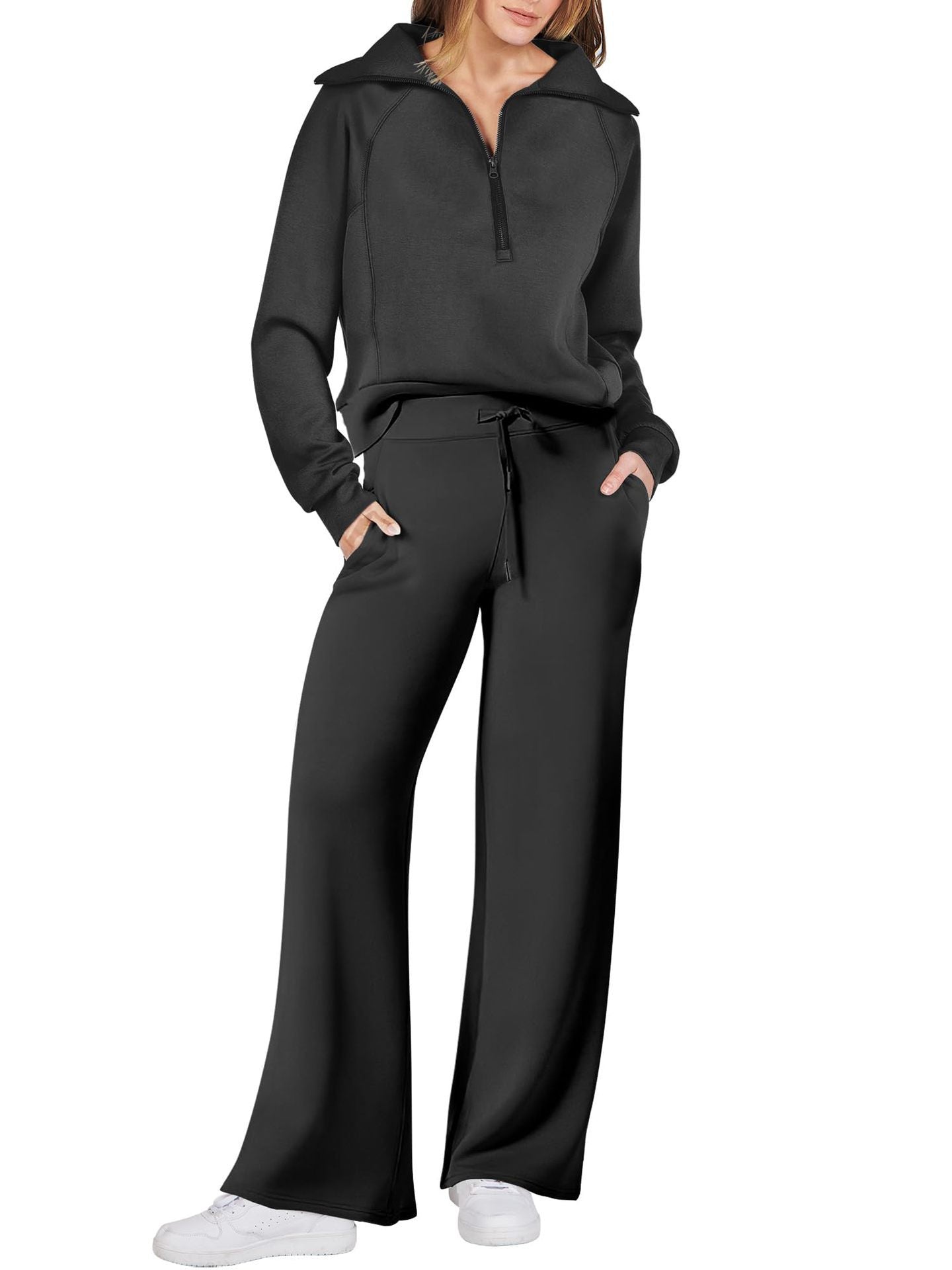 Women's Two-Piece Outfit Half-ZipSweatshirt & Wide Leg Sweatpants Tracksuit forAutumn Sportswear Running Fitness LoungewearSet