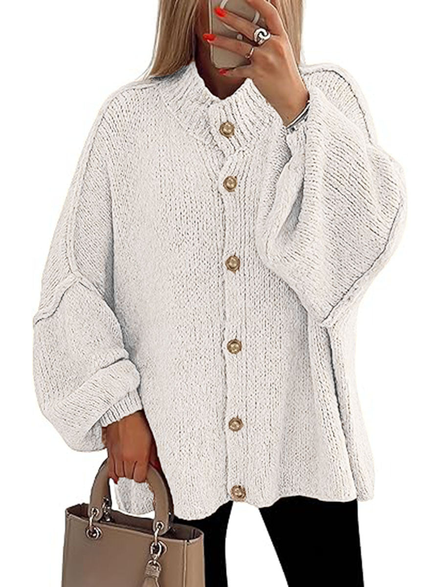 PrettyGarden Women's Winter Button Down Cardigan Sweaters Mock Neck Lantern LongSleeve Chunky Knit Jacket Trendy Outerwear