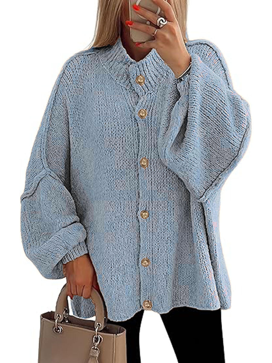 PrettyGarden Women's Winter Button Down Cardigan Sweaters Mock Neck Lantern LongSleeve Chunky Knit Jacket Trendy Outerwear